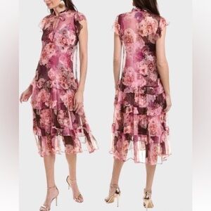 NWT JOHNNY WAS Carina Silk Floral Ruffle Midi Dress Retail $365. W/Slip X Small